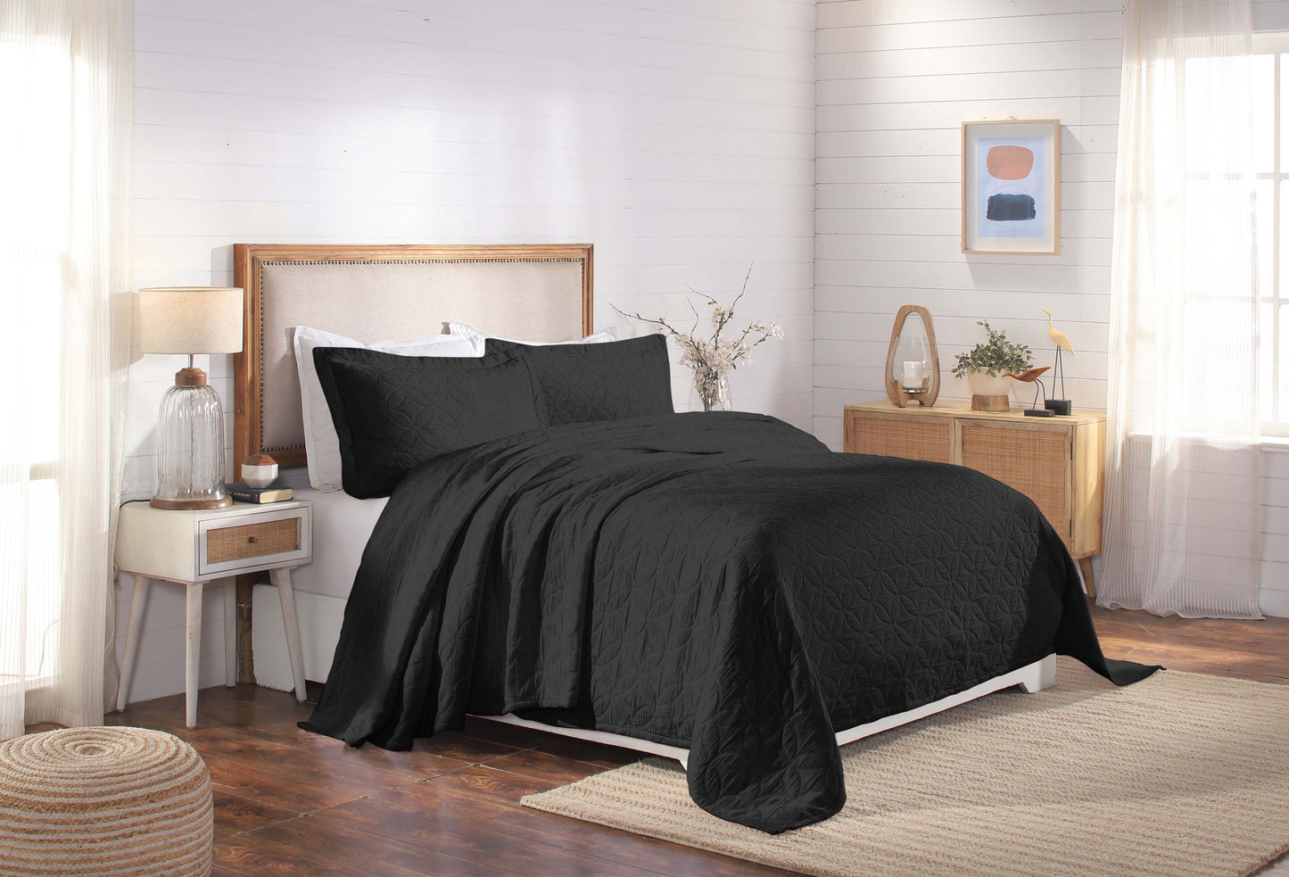 Serenity Cotton Matelasse Weave Jacquard Celtic Circle Bedspread Set - Black