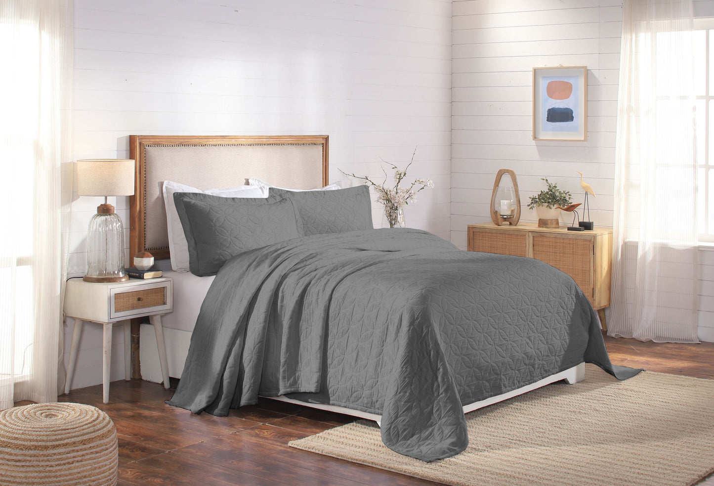 Serenity Cotton Matelasse Weave Jacquard Celtic Circle Bedspread Set - Grey