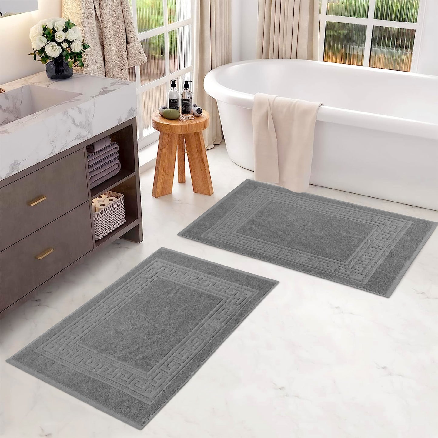 100% Cotton Highly-Absorbent Greek Key Border Solid 2-Piece Bath Mat Set - Silver