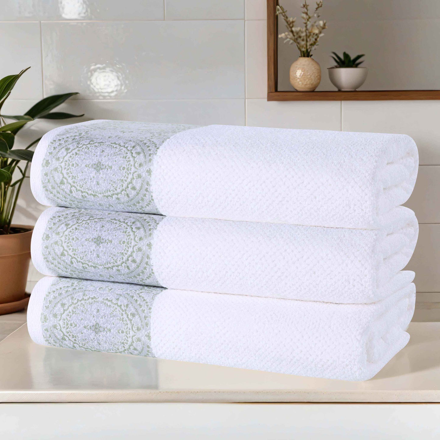 Medallion Cotton Jacquard Textured Soft Absorbent Bath Towel Set of 3 - Silver