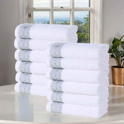 Medallion Cotton Jacquard Textured Face Towels/ Washcloths, Set of 12 - Silver