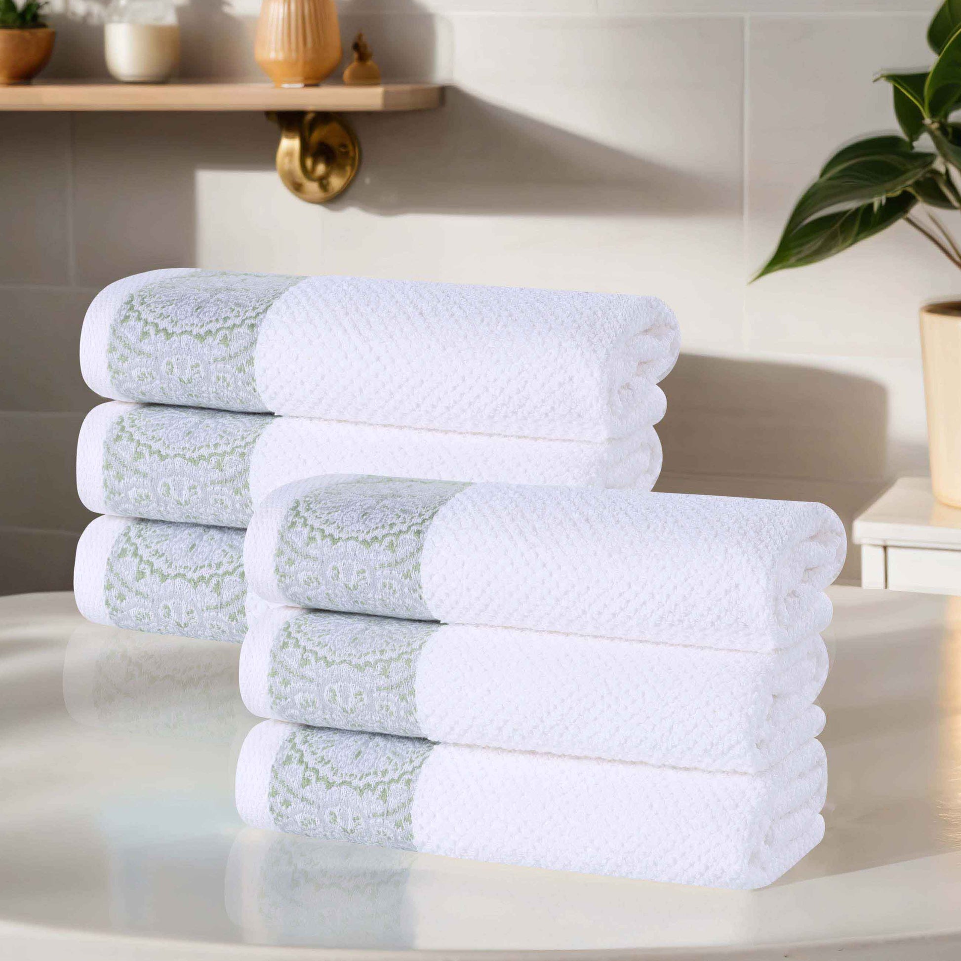 Medallion Cotton Jacquard Textured Soft Absorbent Hand Towel Set of 6 - Silver