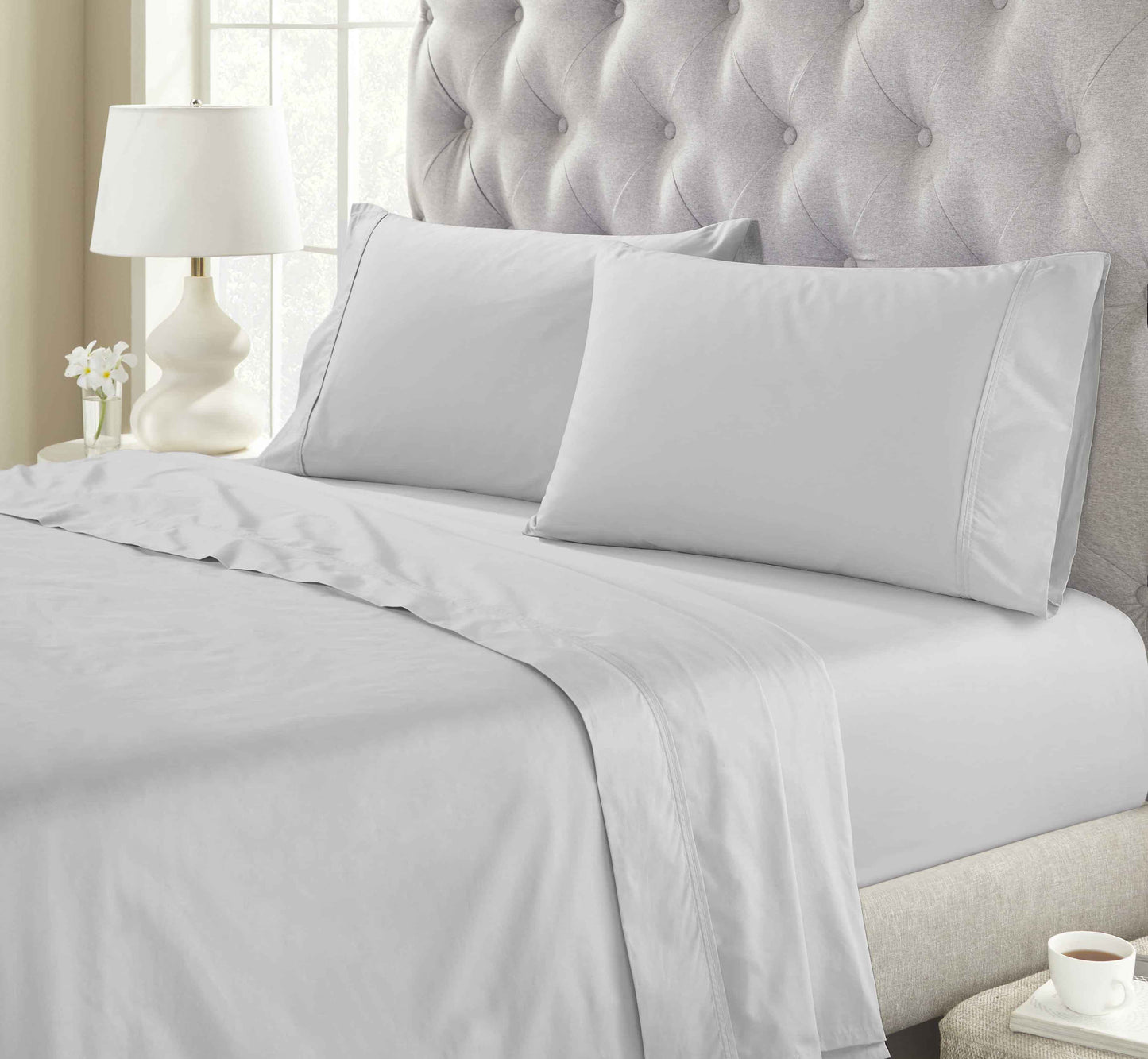 Gina Organic Cotton 300 Thread Count Percale Flat Bed Sheet -Silver