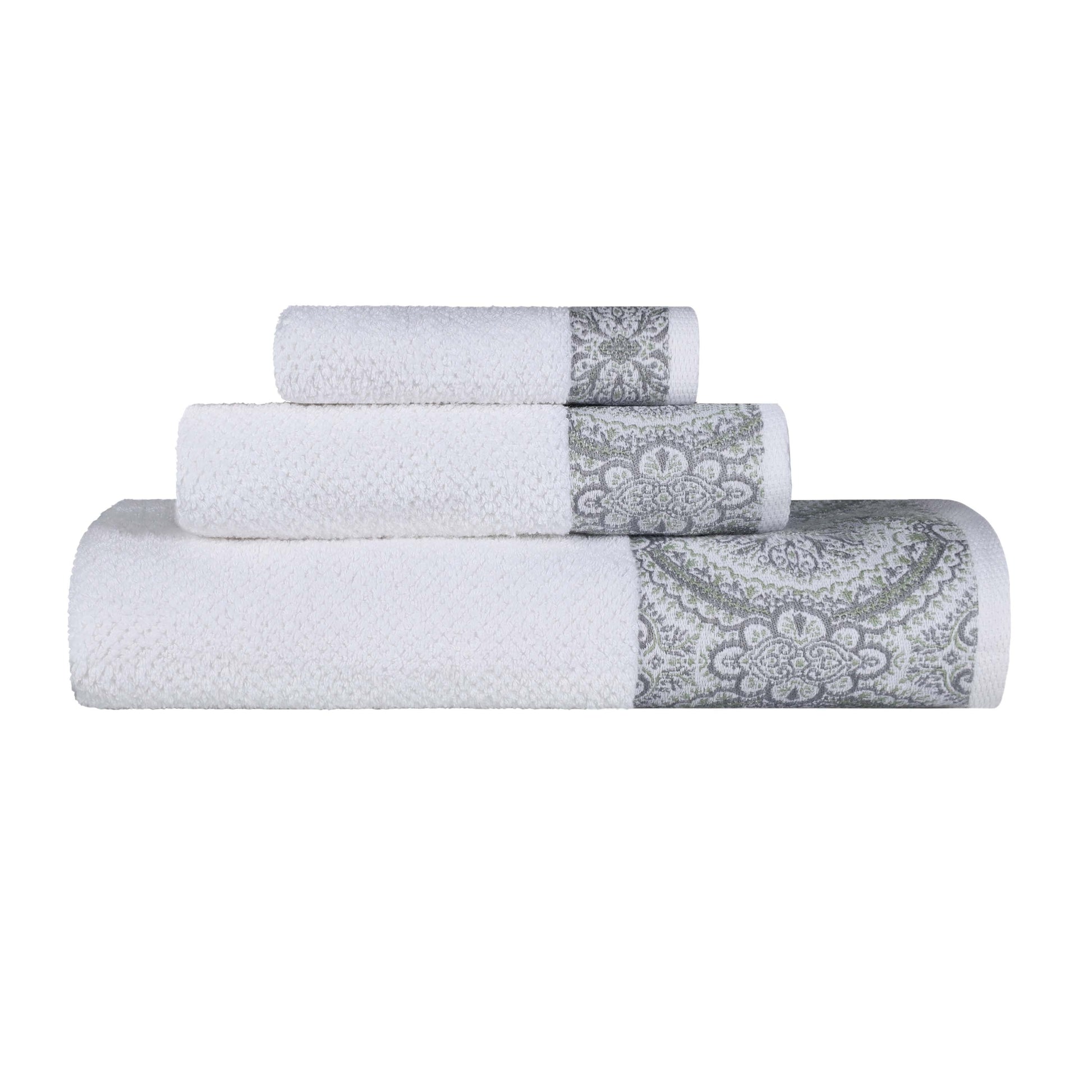 Medallion Cotton Jacquard Textured Soft Absorbent 3 Piece Towel Set - Silver