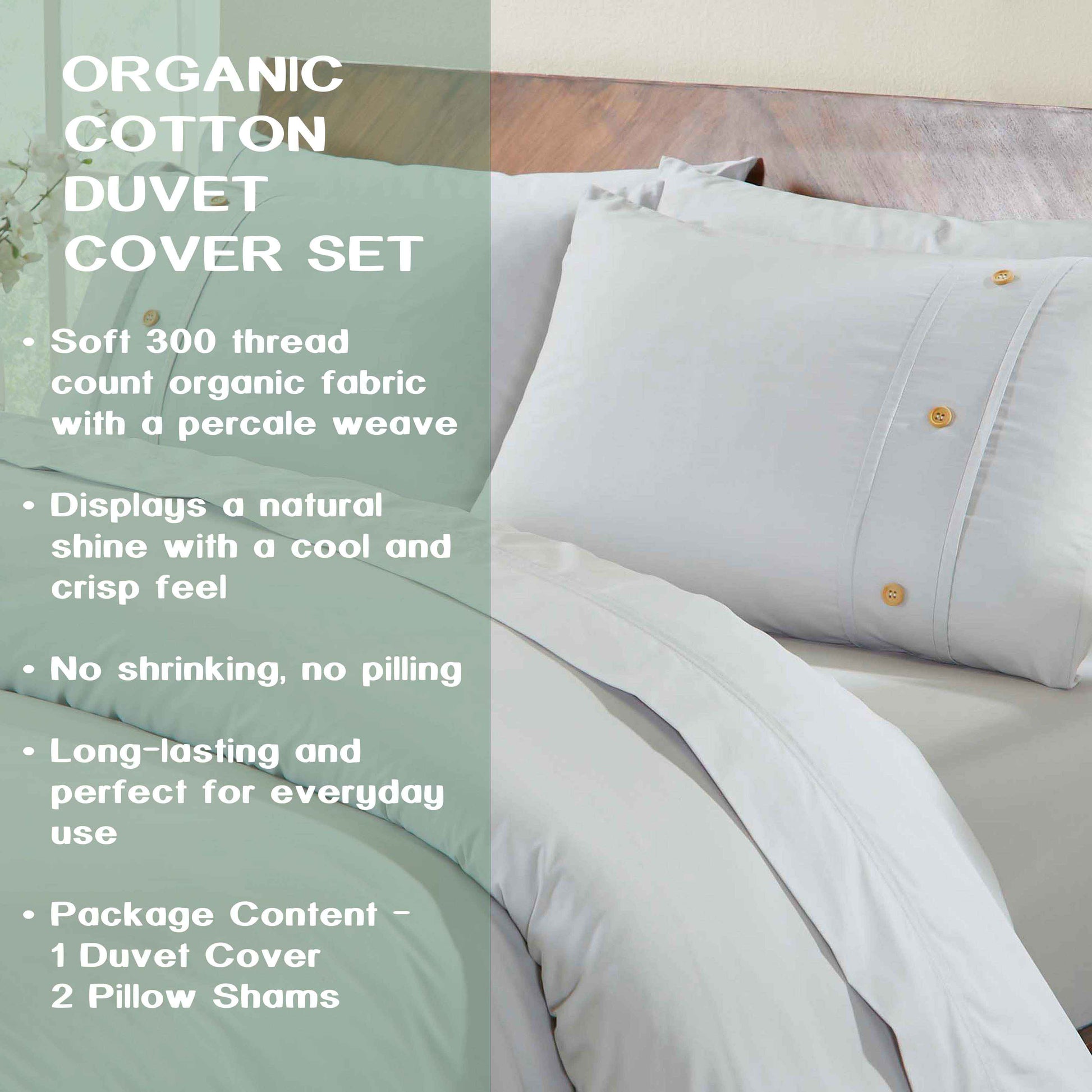 Gina Organic Cotton 300 Thread Count Percale 3 Piece Duvet Cover Set - Silver