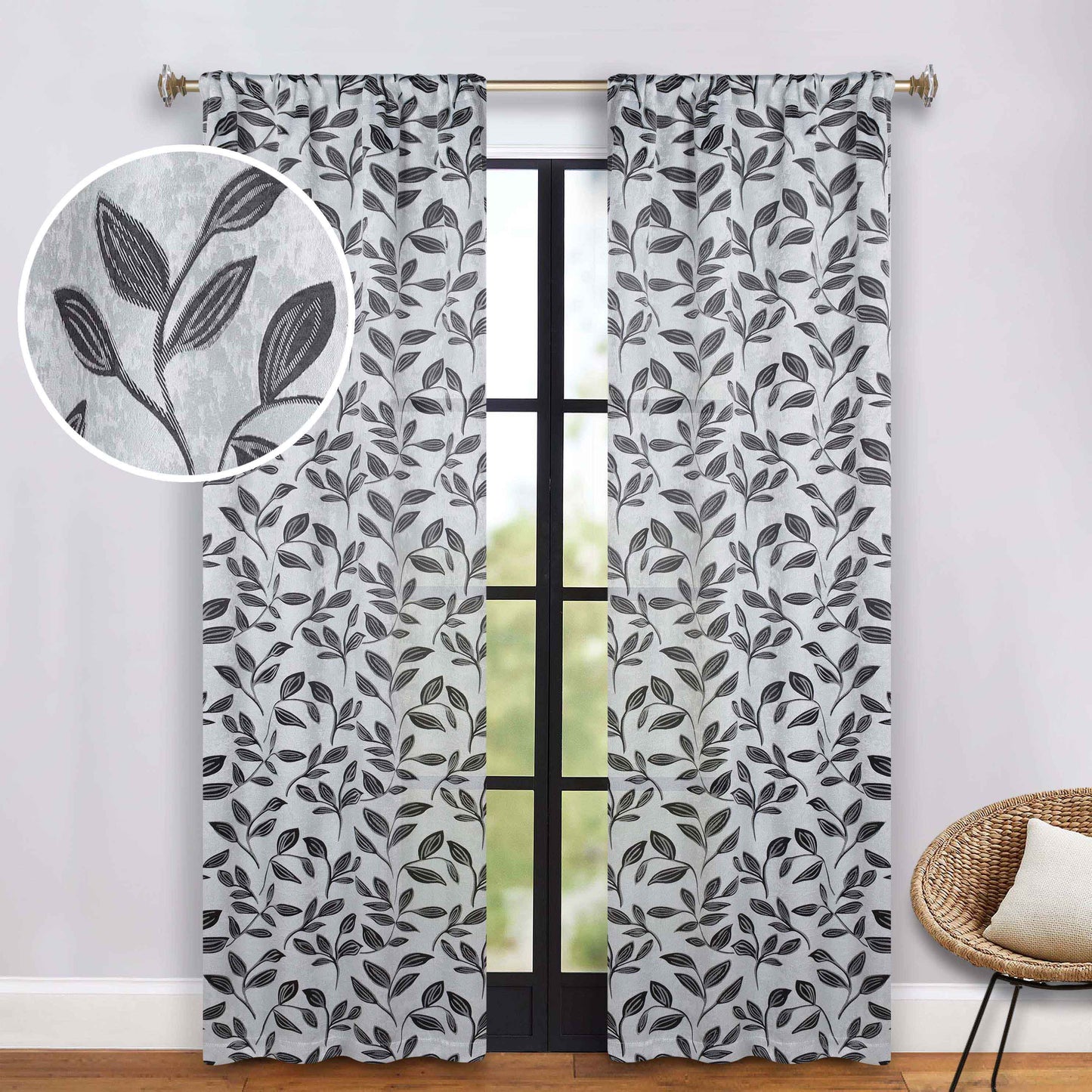 Leaves Room Darkening Grommet Rod Pocket Curtain Panels, Set of 2