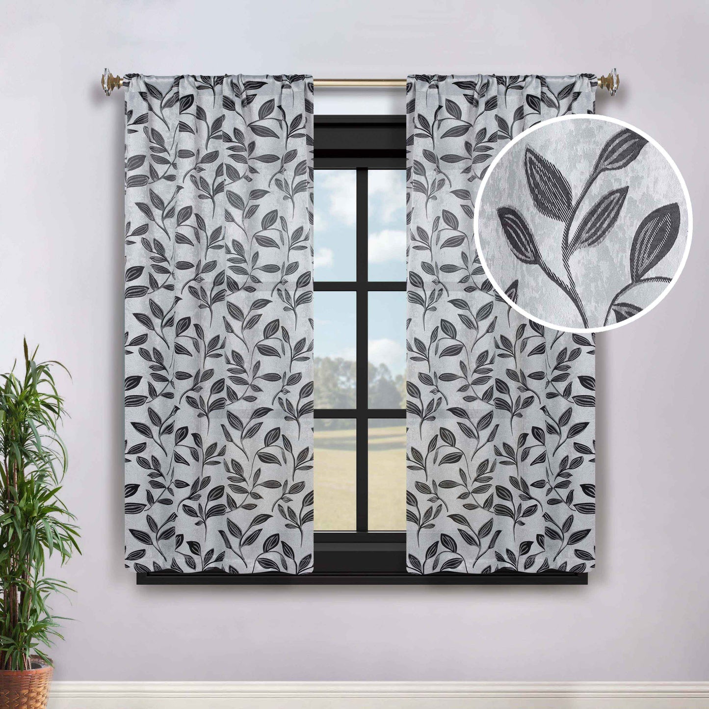 Leaves Room Darkening Grommet Rod Pocket Curtain Panels, Set of 2