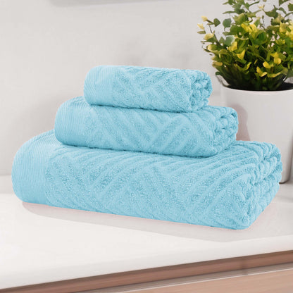 Basketweave Egyptian Cotton Jacquard 3 Piece Assorted Towel Set - SkyBlue