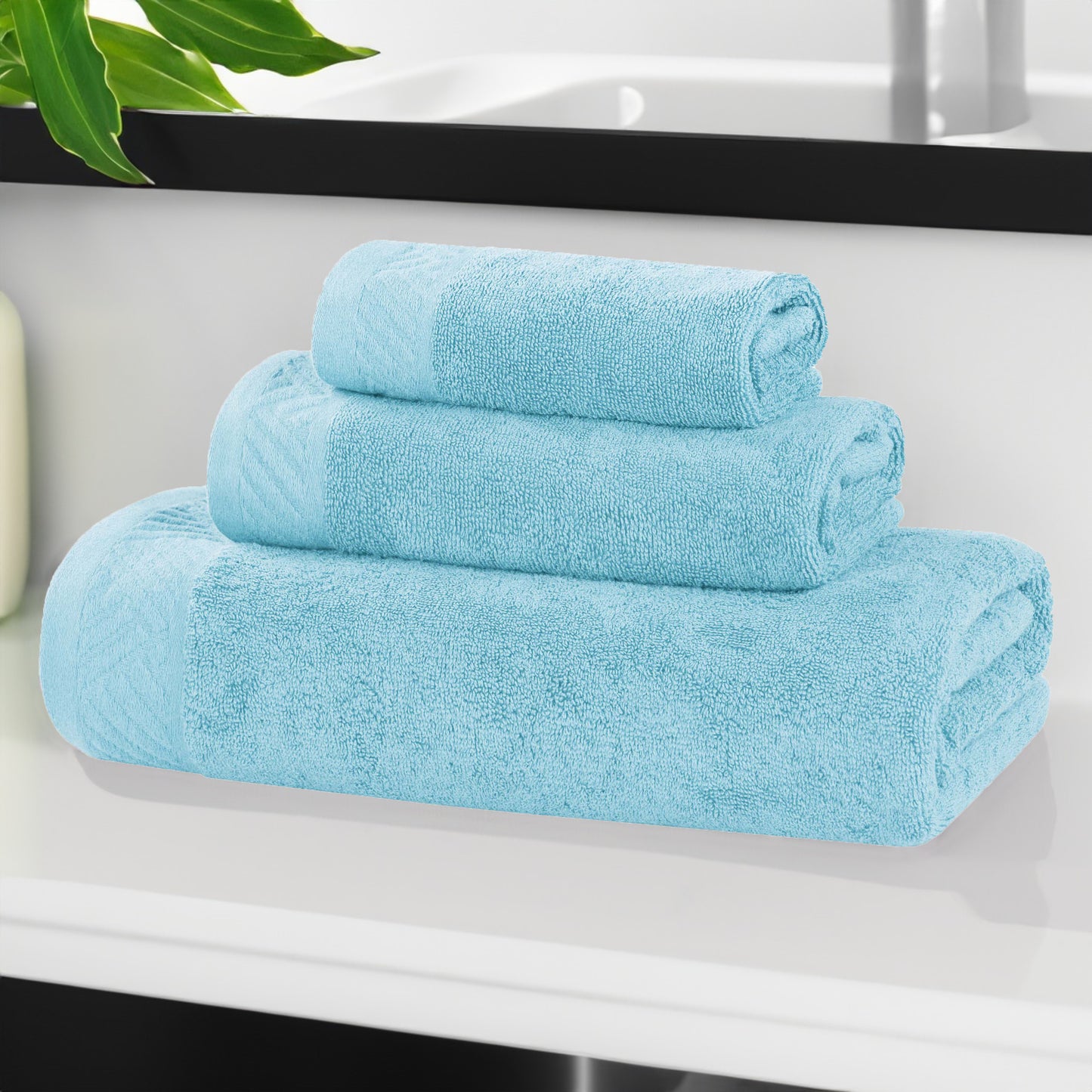 Basketweave Egyptian Cotton Solid 3 Piece Assorted Towel Set - SkyBlue