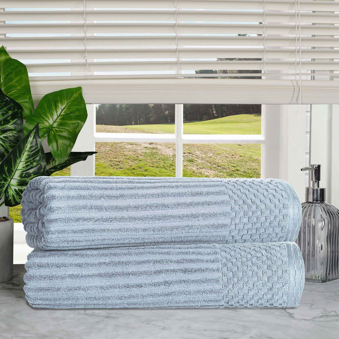 Ribbed Textured Cotton 2 Piece Bath Sheet Towel Set - SlateBlue