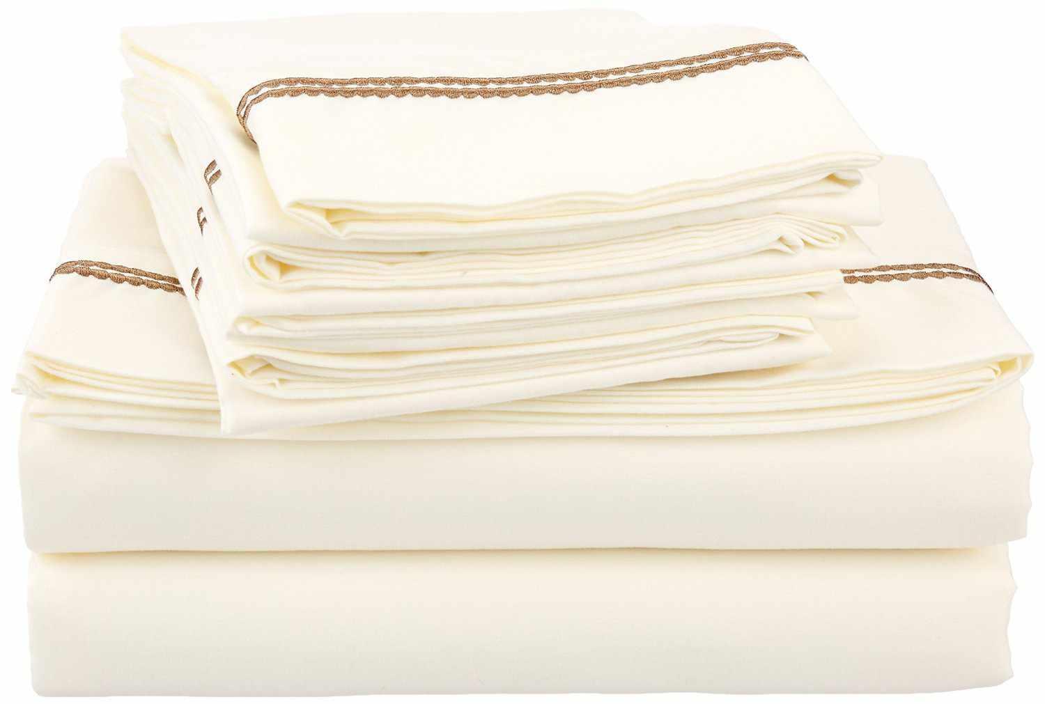 Superior Solid 2-Line Embroidered Trim Wrinkle-Free Microfiber 6 Piece Sheet Set with Extra Pillowcases - Ivory/Taupe