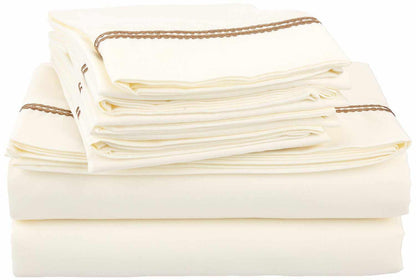 Superior Solid 2-Line Embroidered Trim Wrinkle-Free Microfiber 6 Piece Sheet Set with Extra Pillowcases - Ivory/Taupe