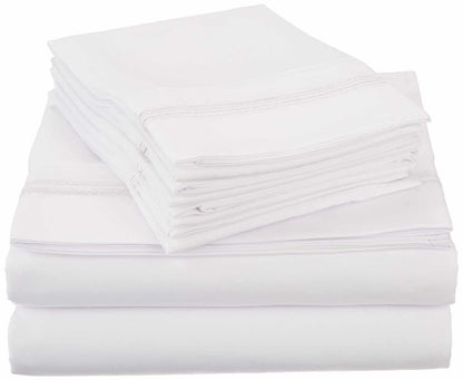 Superior Solid 2-Line Embroidered Trim Wrinkle-Free Microfiber 6 Piece Sheet Set with Extra Pillowcases - White