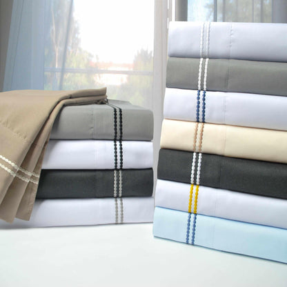 Superior Solid 2-Line Embroidered Trim Wrinkle-Free Microfiber 6 Piece Sheet Set with Extra Pillowcases - White