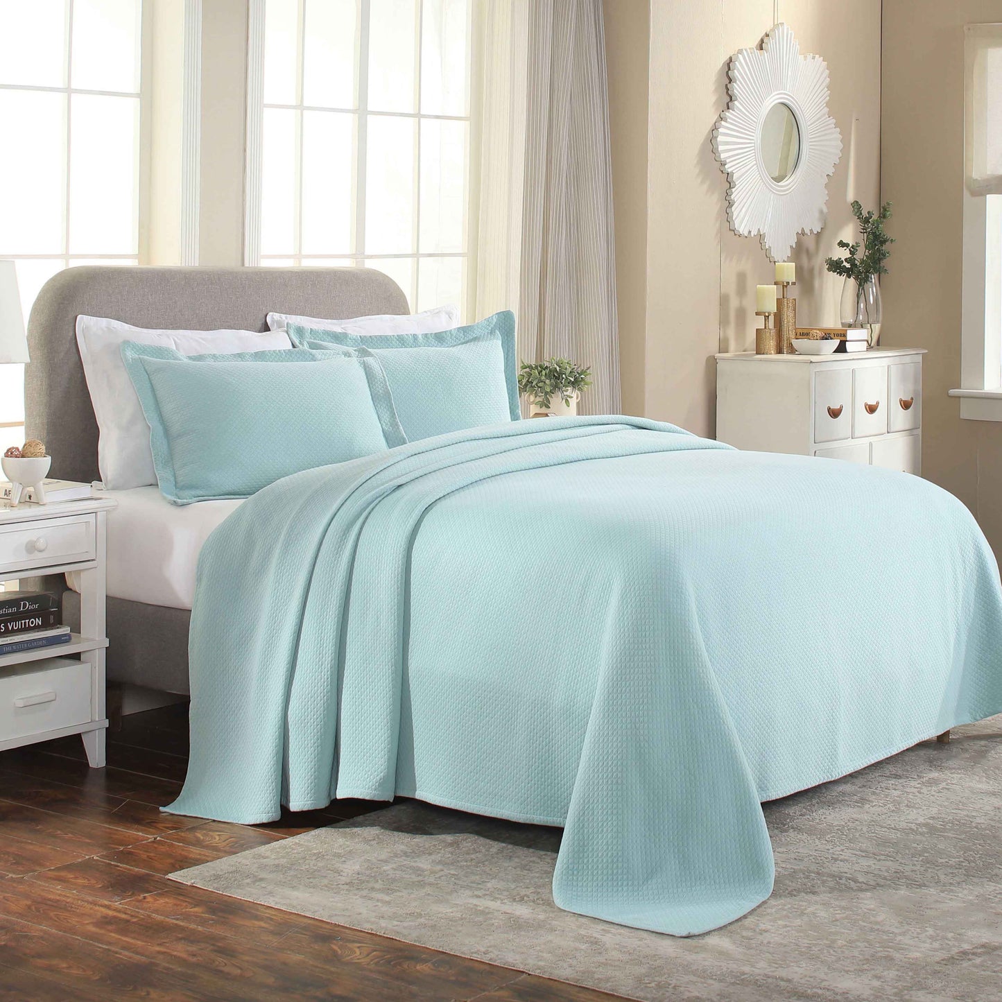 Solitaire Jacquard Matelassé Cotton Diamond Solitaire Bedspread Set - Aqua