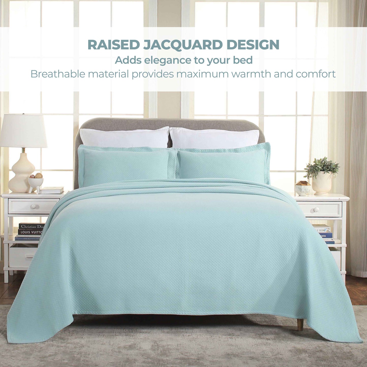 Solitaire Jacquard Matelassé Cotton Diamond Solitaire Bedspread Set - Aqua