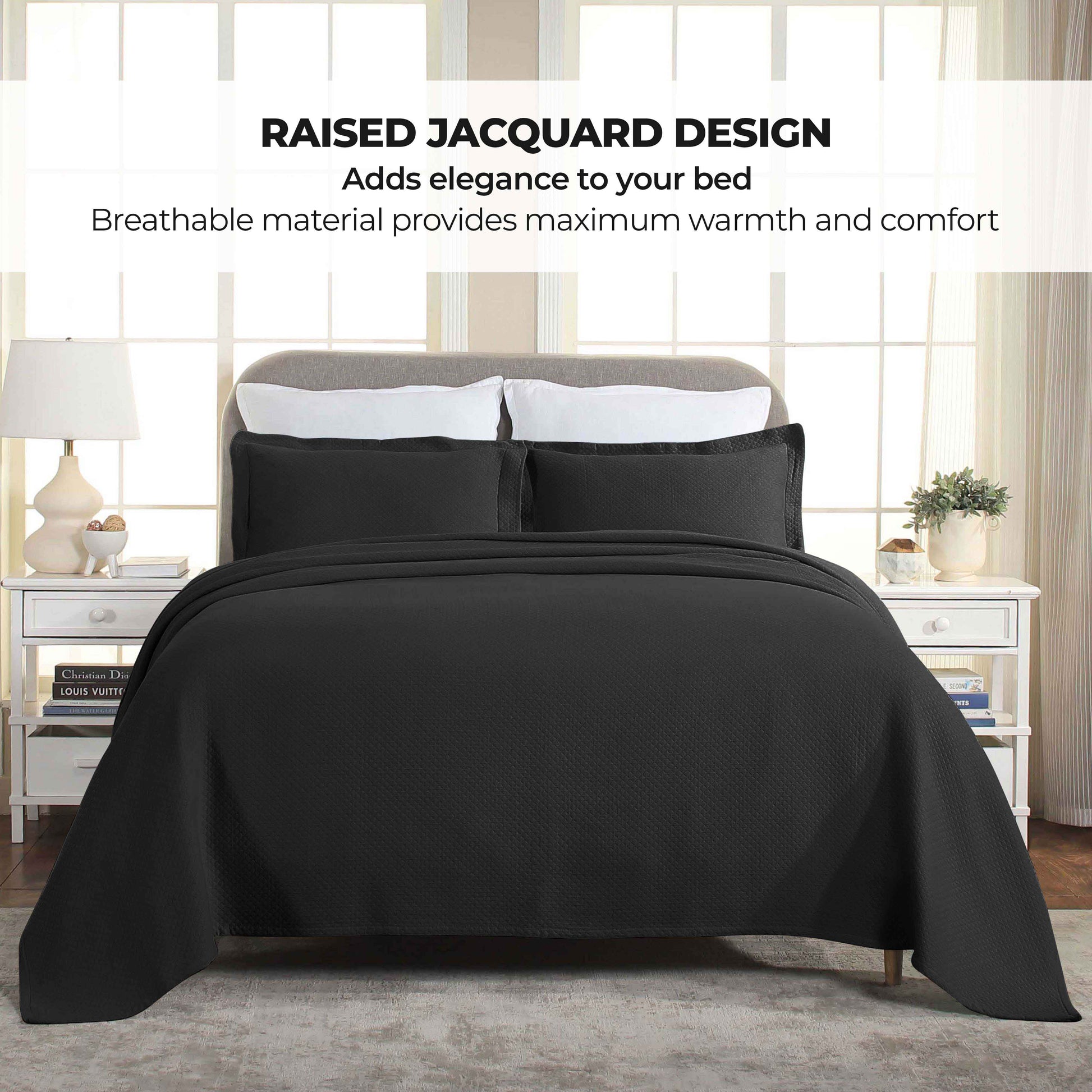 Solitaire Jacquard Matelassé Cotton Diamond Solitaire Bedspread Set - Black