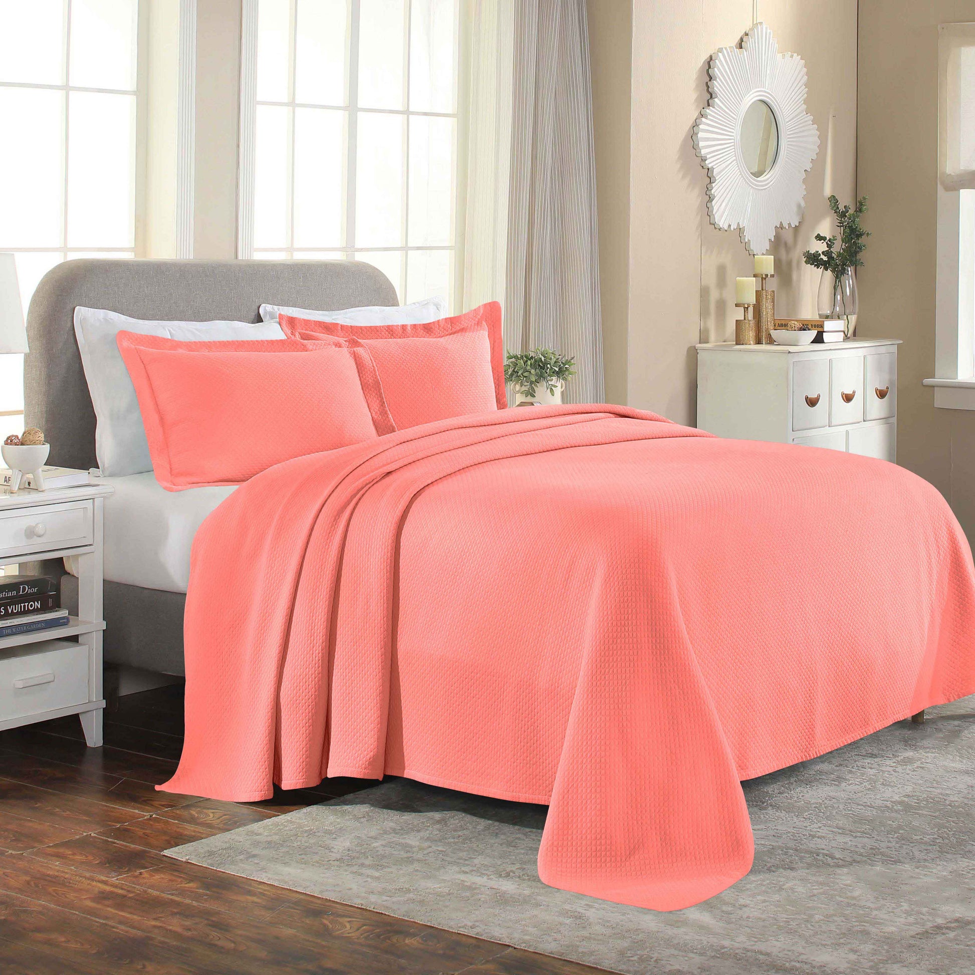 Solitaire Jacquard Matelassé Cotton Diamond Solitaire Bedspread Set - Coral