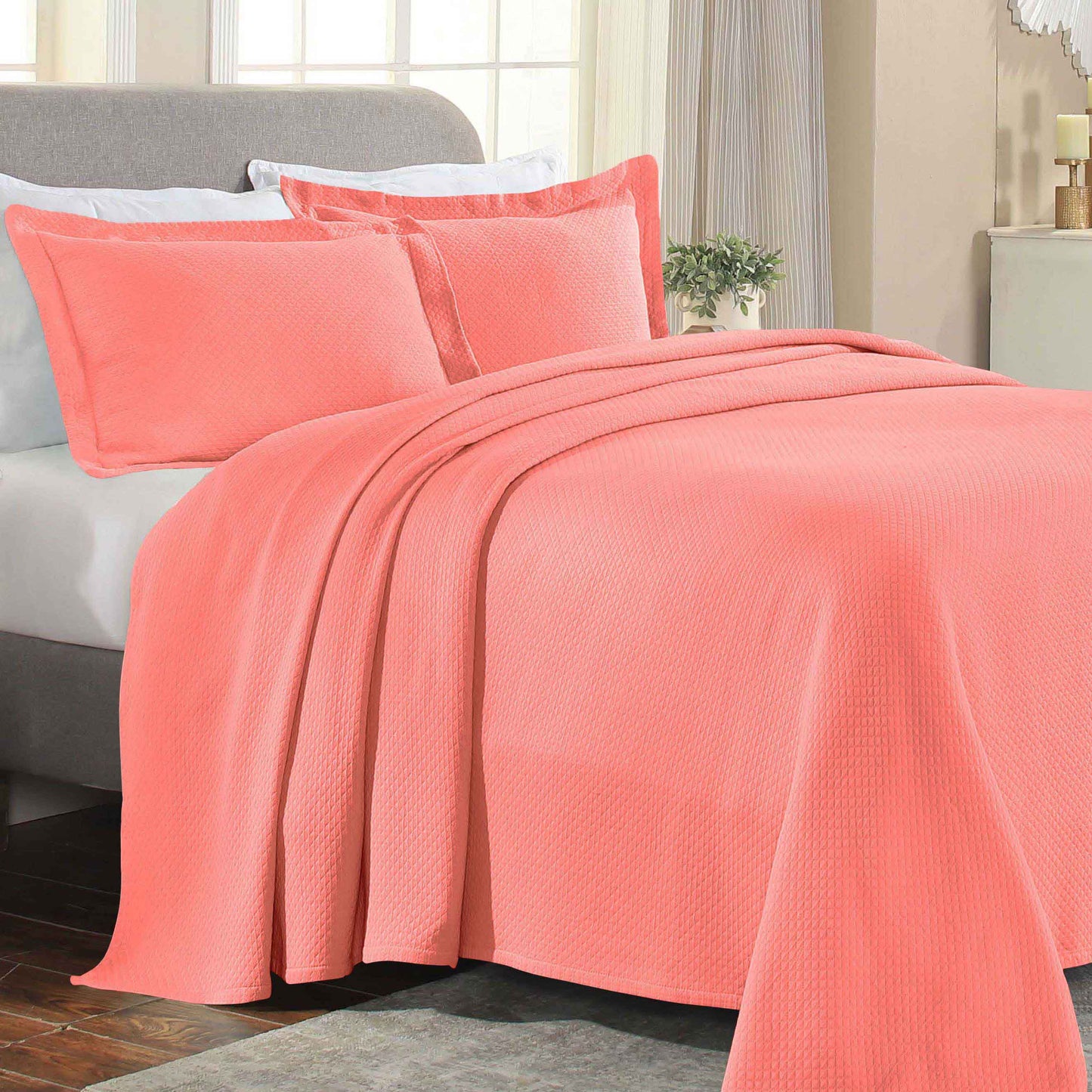 Solitaire Jacquard Matelassé Cotton Diamond Solitaire Bedspread Set - Coral