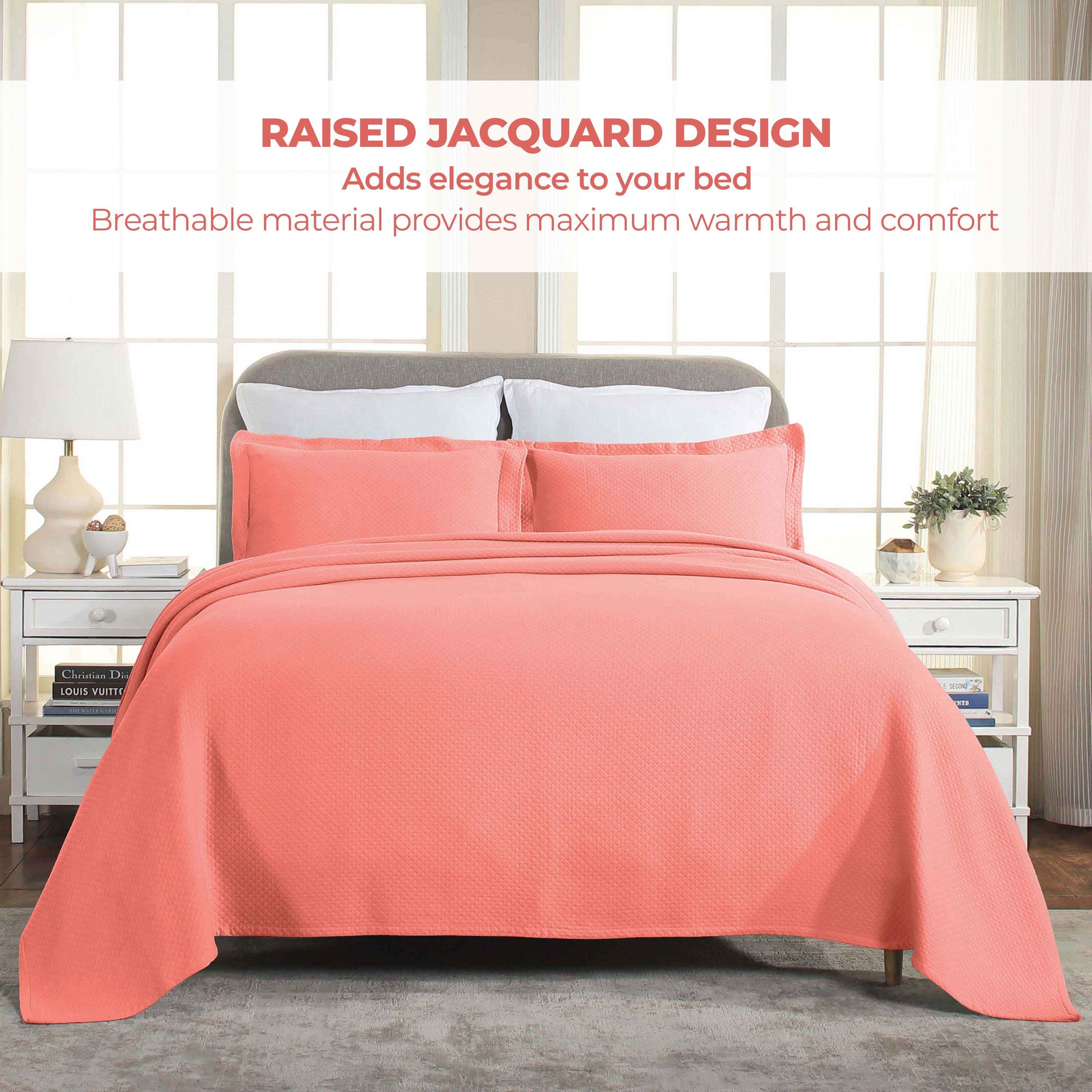 Solitaire Jacquard Matelassé Cotton Diamond Solitaire Bedspread Set - Coral