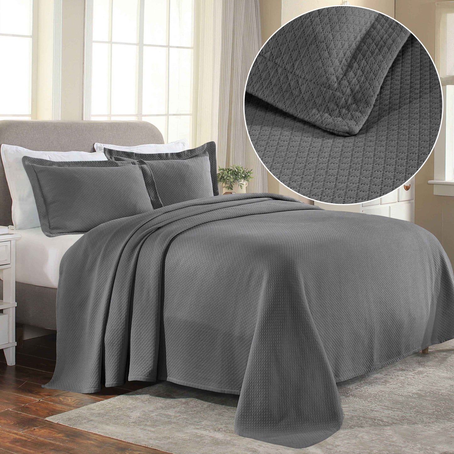 Solitaire Jacquard Matelassé Cotton Diamond Solitaire Bedspread Set - Grey