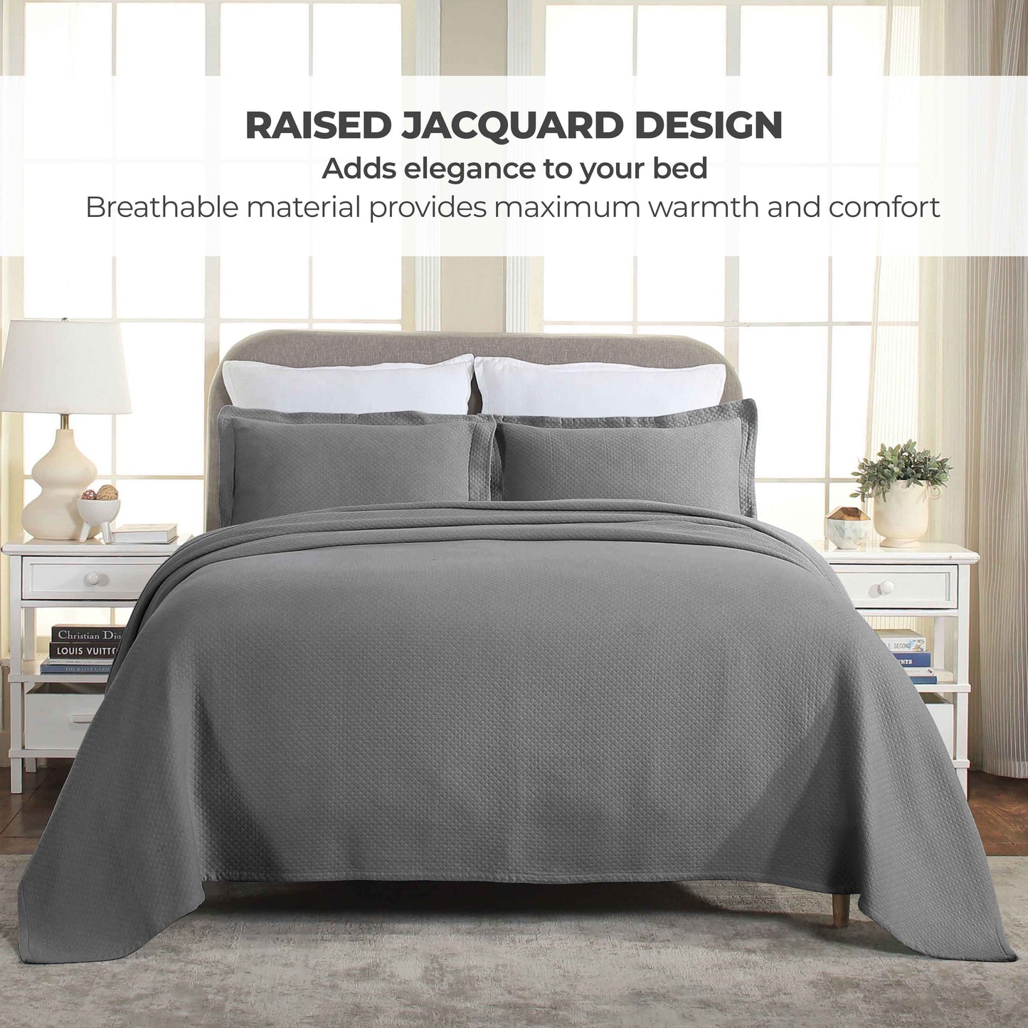 Solitaire Jacquard Matelassé Cotton Diamond Solitaire Bedspread Set - Grey