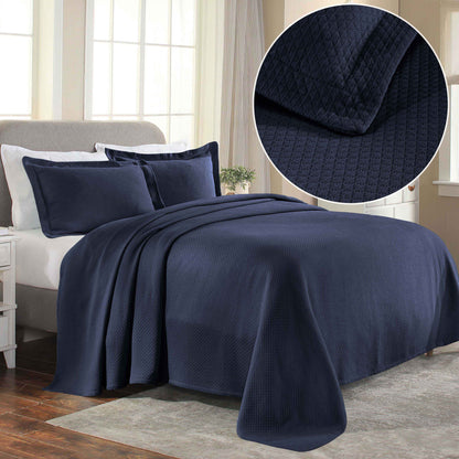 Solitaire Jacquard Matelassé Cotton Diamond Solitaire Bedspread Set - Navy Blue