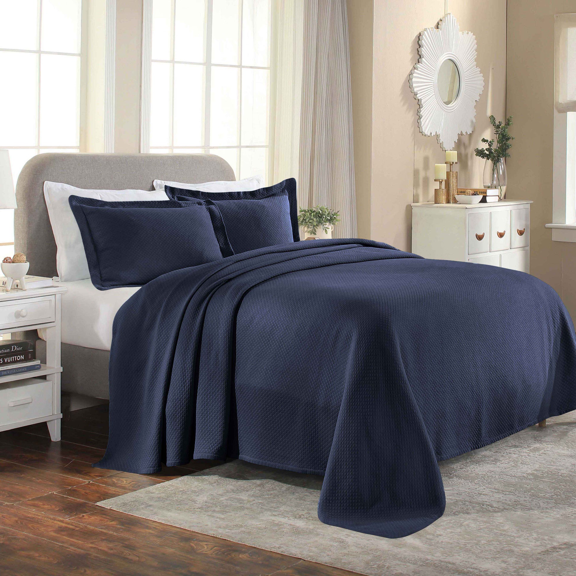 Solitaire Jacquard Matelassé Cotton Diamond Solitaire Bedspread Set - Navy Blue