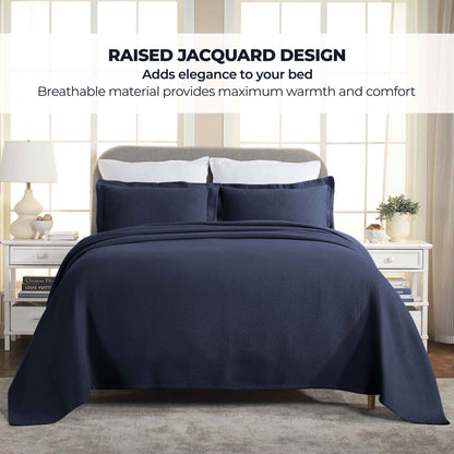 Solitaire Jacquard Matelassé Cotton Diamond Solitaire Bedspread Set - Navy Blue