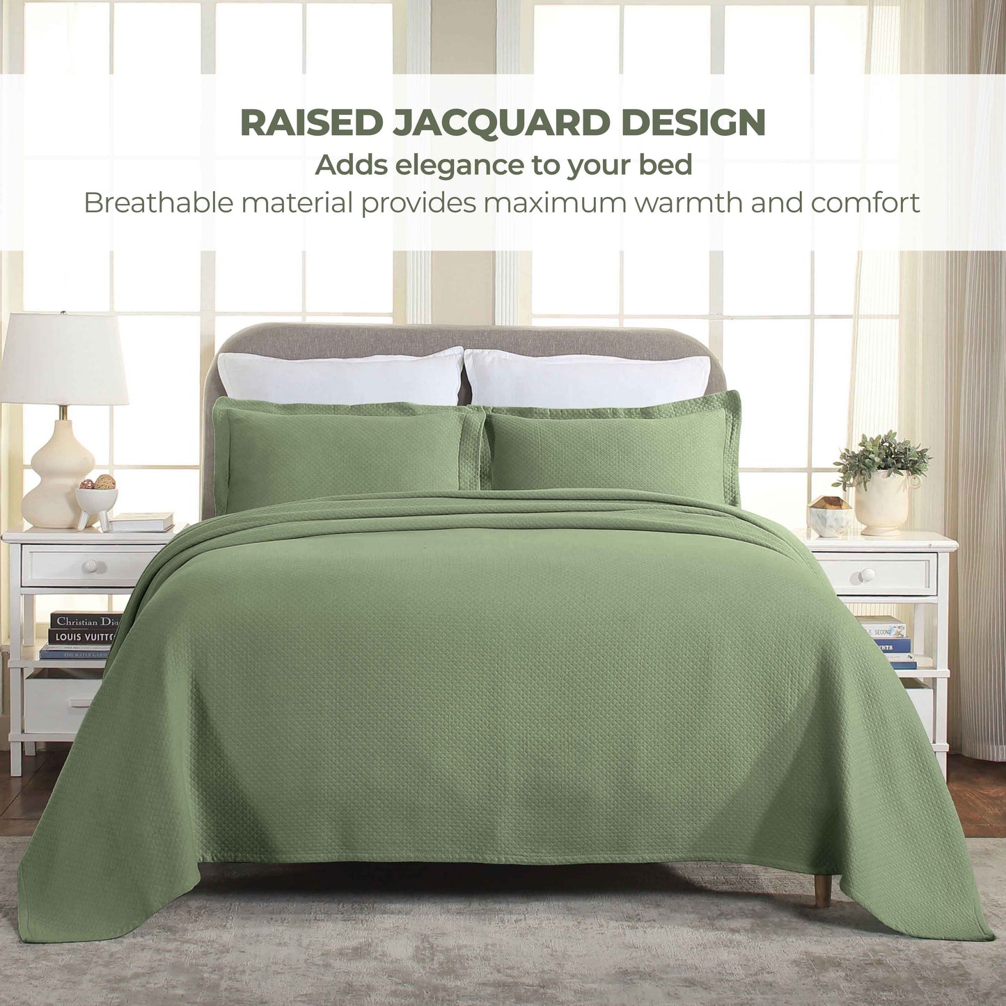 Solitaire Jacquard Matelassé Cotton Diamond Solitaire Bedspread Set - Sage