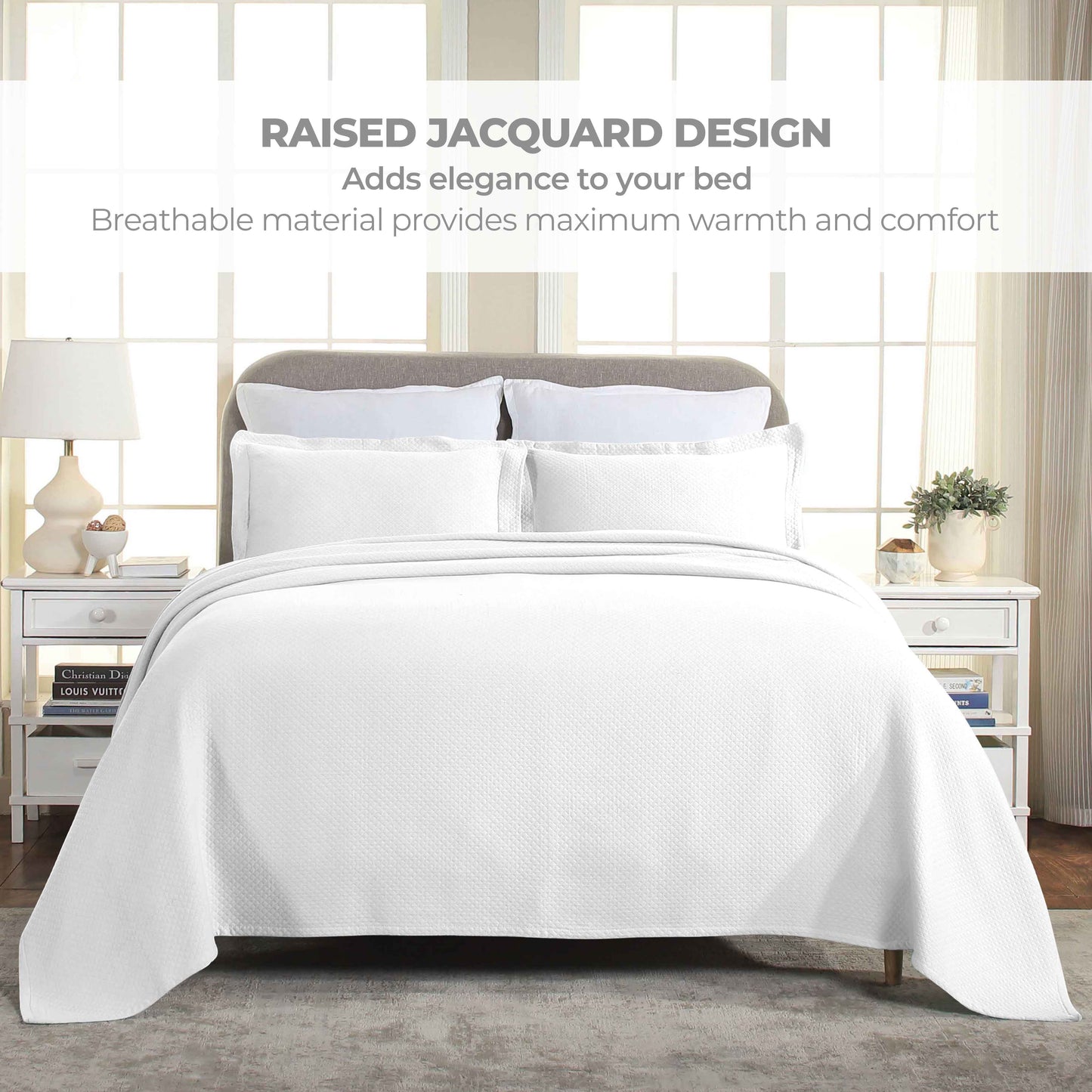 Solitaire Jacquard Matelassé Cotton Diamond Solitaire Bedspread Set - White