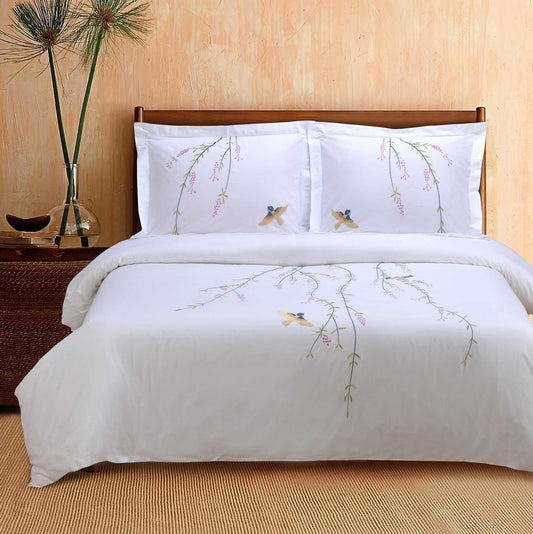 Spring Cotton 3-Piece Embroidered Floral Duvet Cover Set - White