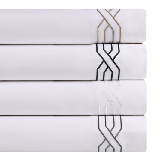 Superior Egyptian Cotton 1200 Thread Count Embroidered Geometric Scroll Bed Sheet Set - White-Taupe