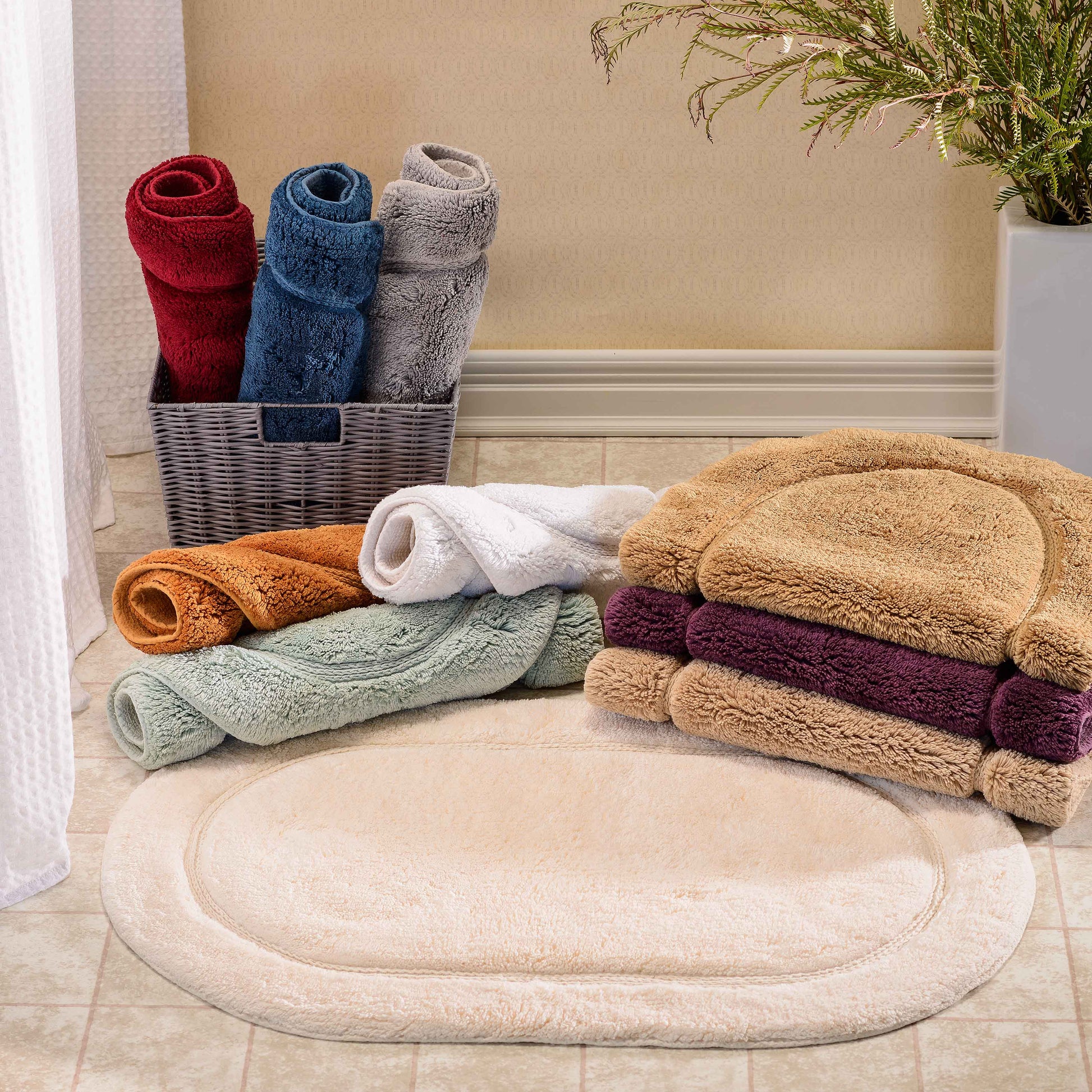 Cotton Non Slip Oval 2 Piece Bath Rug Set - Burgundy