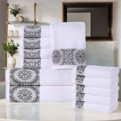 Medallion Cotton Jacquard Textured Soft Absorbent 12 Piece Towel Set - Stone