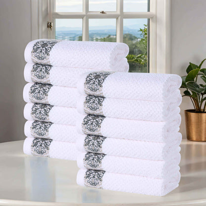 Medallion Cotton Jacquard Textured Face Towels/ Washcloths, Set of 12 - Stone