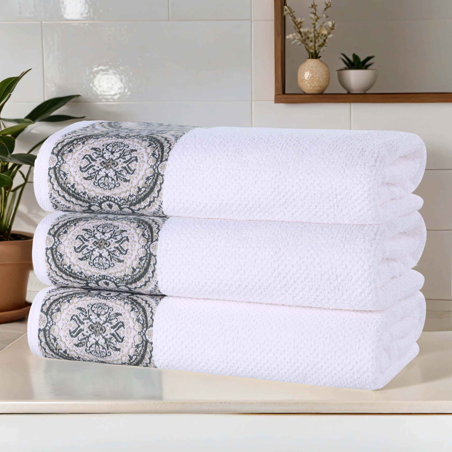 Medallion Cotton Jacquard Textured Soft Absorbent Bath Towel Set of 3 - Stone