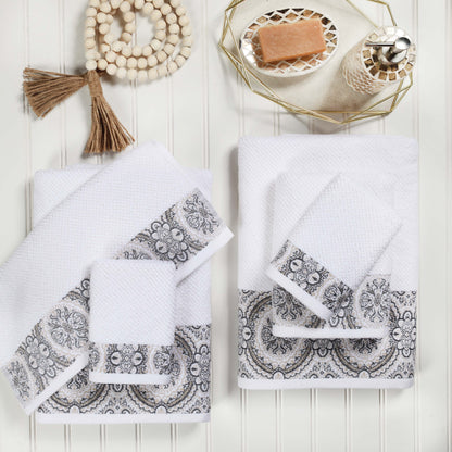 Medallion Cotton Jacquard Textured 6 Piece Assorted Towel Set - Stone