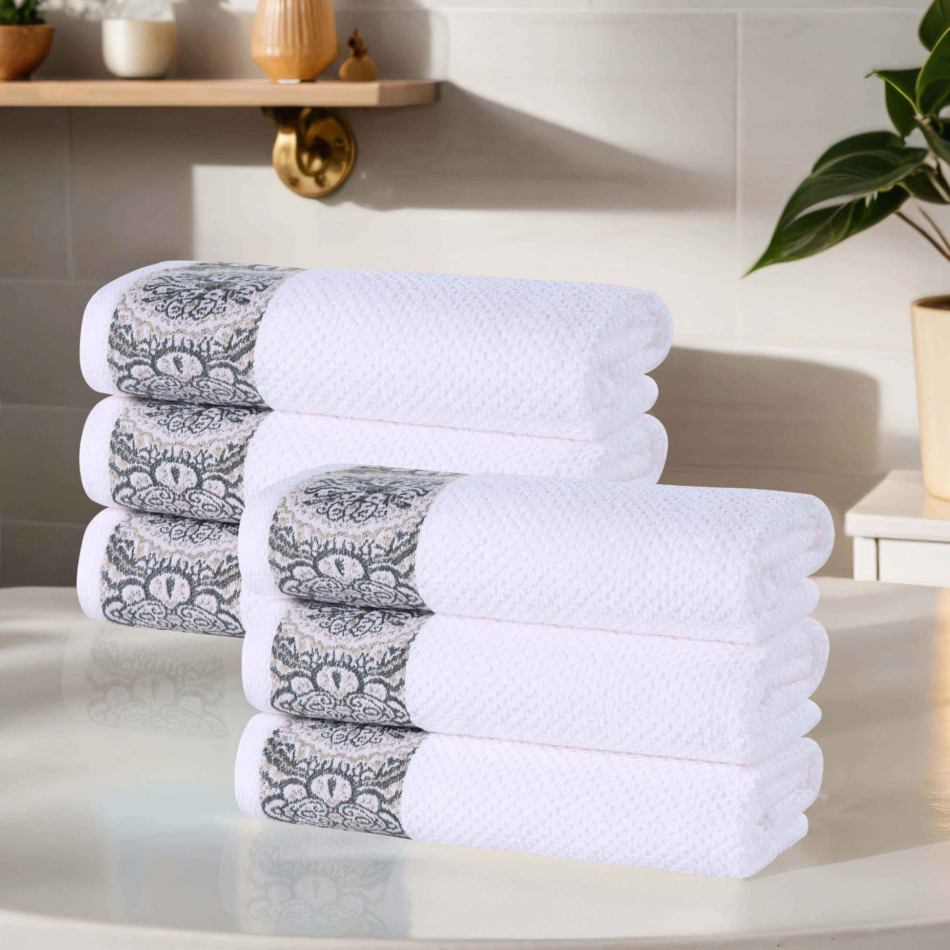 Medallion Cotton Jacquard Textured Soft Absorbent Hand Towel Set of 6 - Stone