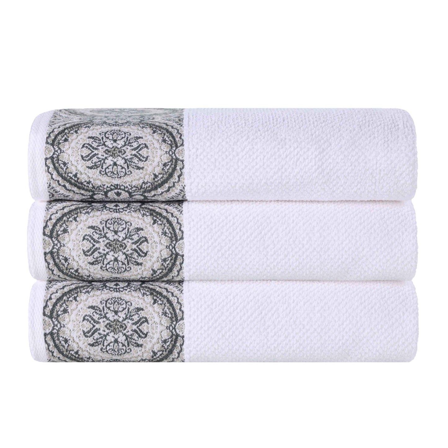 Medallion Cotton Jacquard Textured Soft Absorbent Bath Towel Set of 3 - Stone