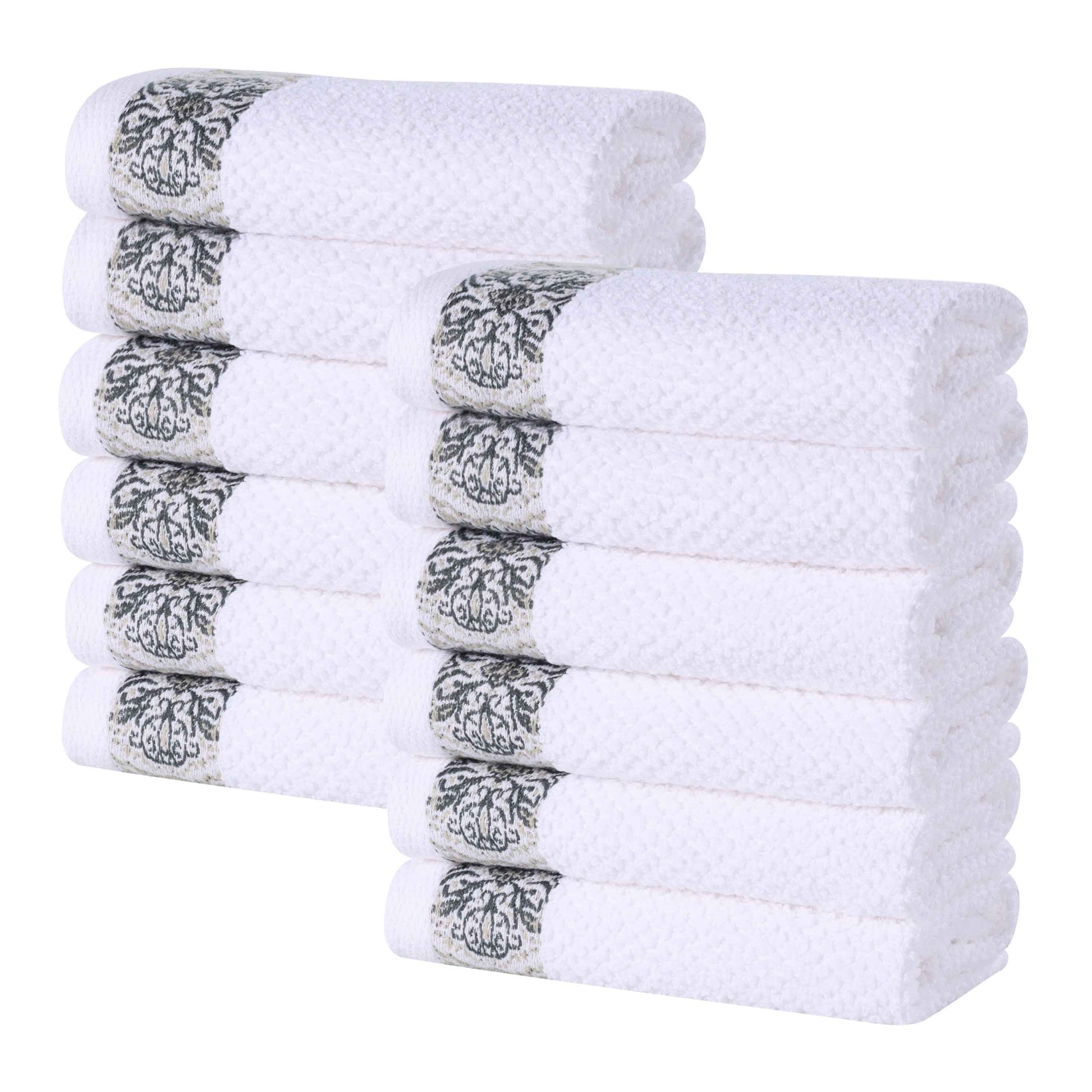 Medallion Cotton Jacquard Textured Face Towels/ Washcloths, Set of 12 - Stone