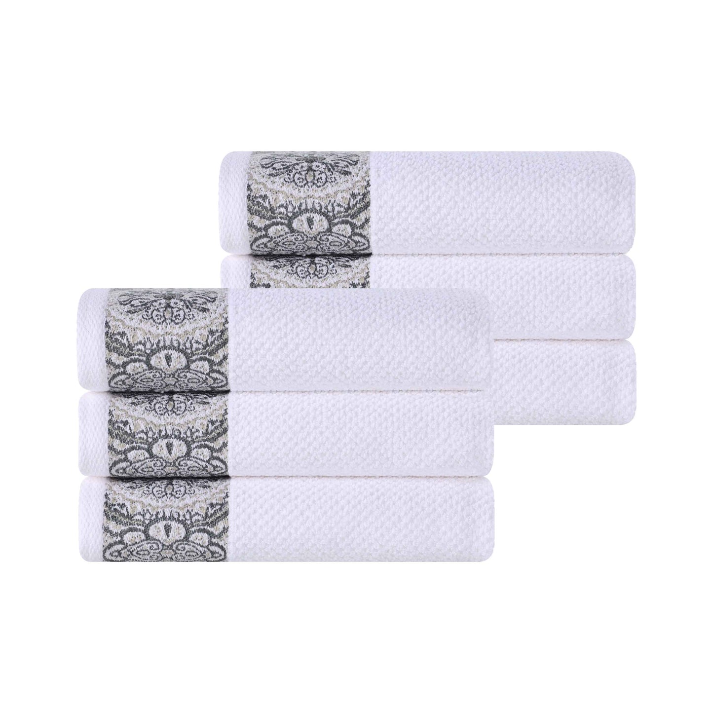 Medallion Cotton Jacquard Textured Soft Absorbent Hand Towel Set of 6 - Stone