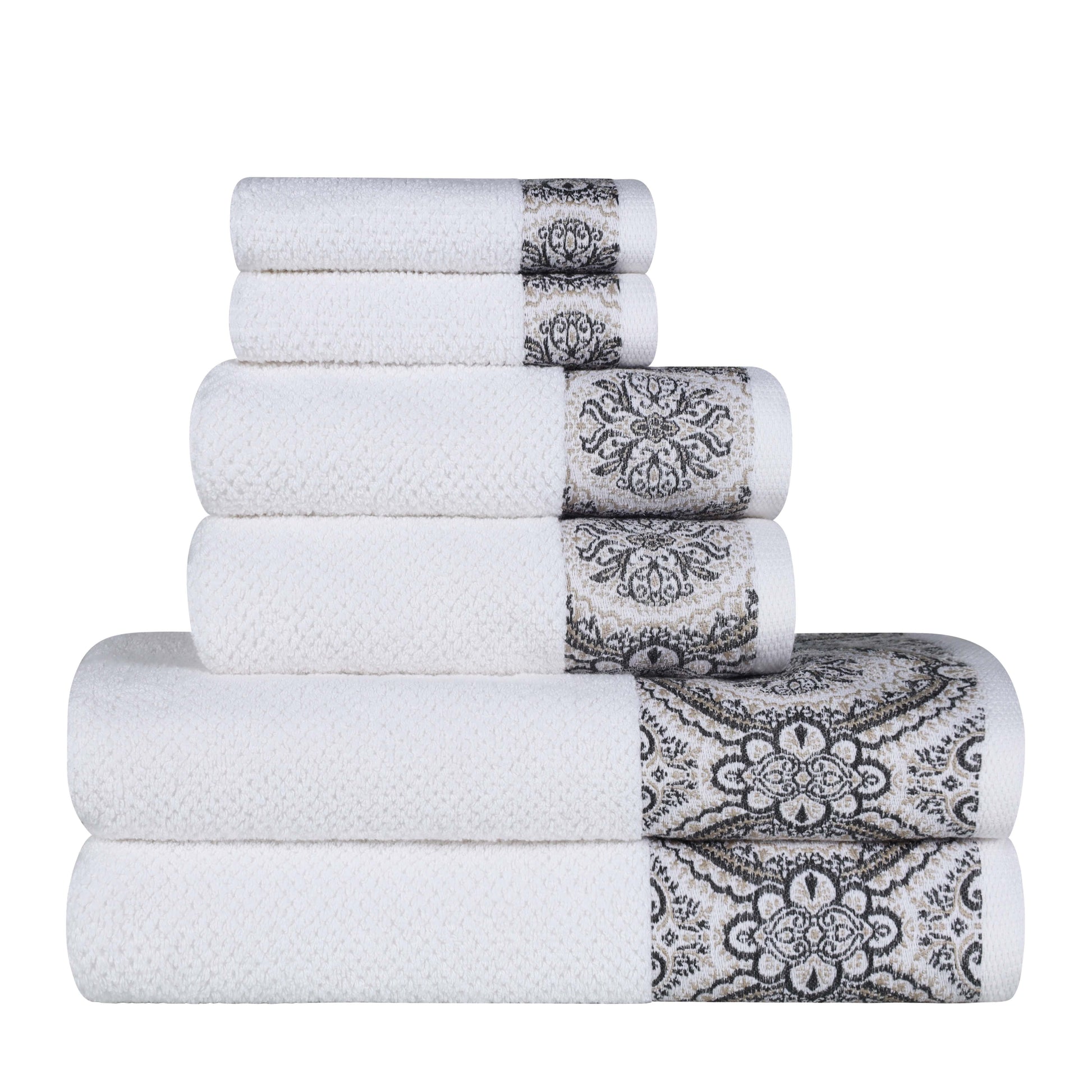 Medallion Cotton Jacquard Textured 6 Piece Assorted Towel Set - Stone
