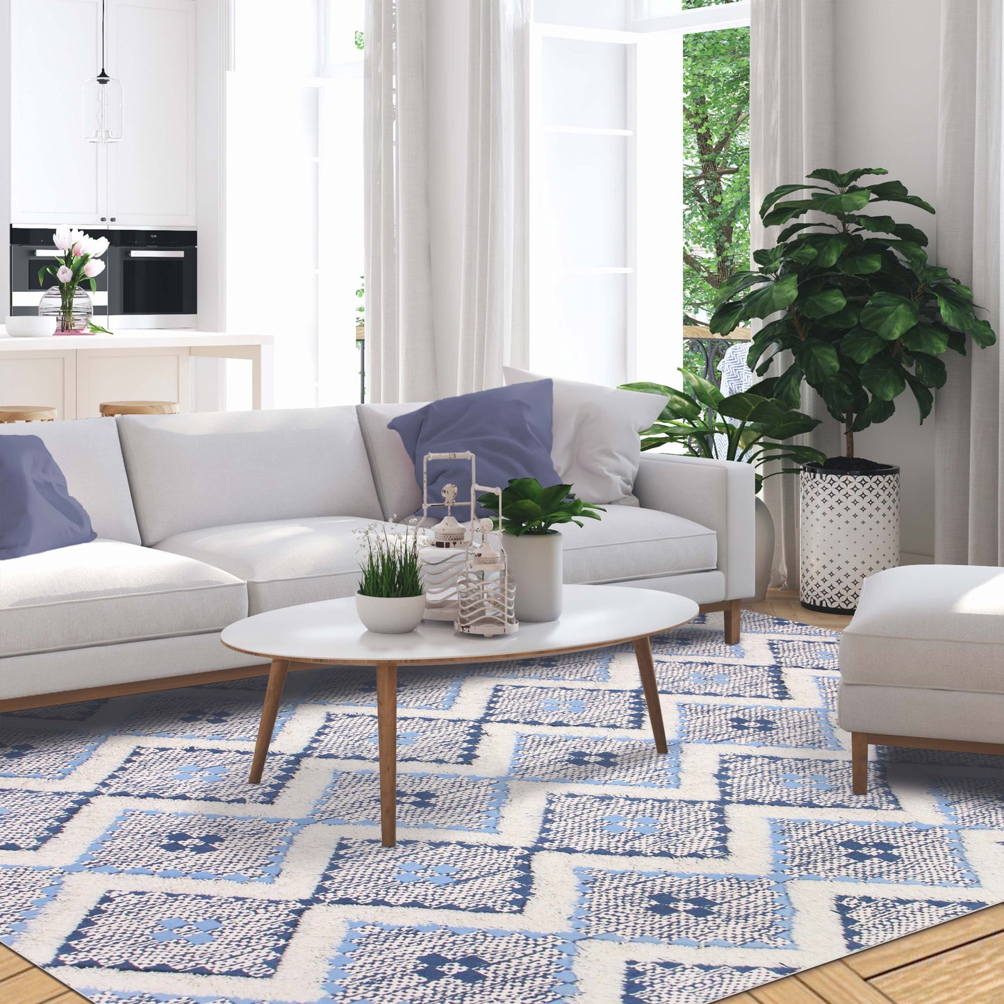 Geometric Wool Cotton Blend Latex Backing Indoor Area Rug - Stone/MidnightBlue