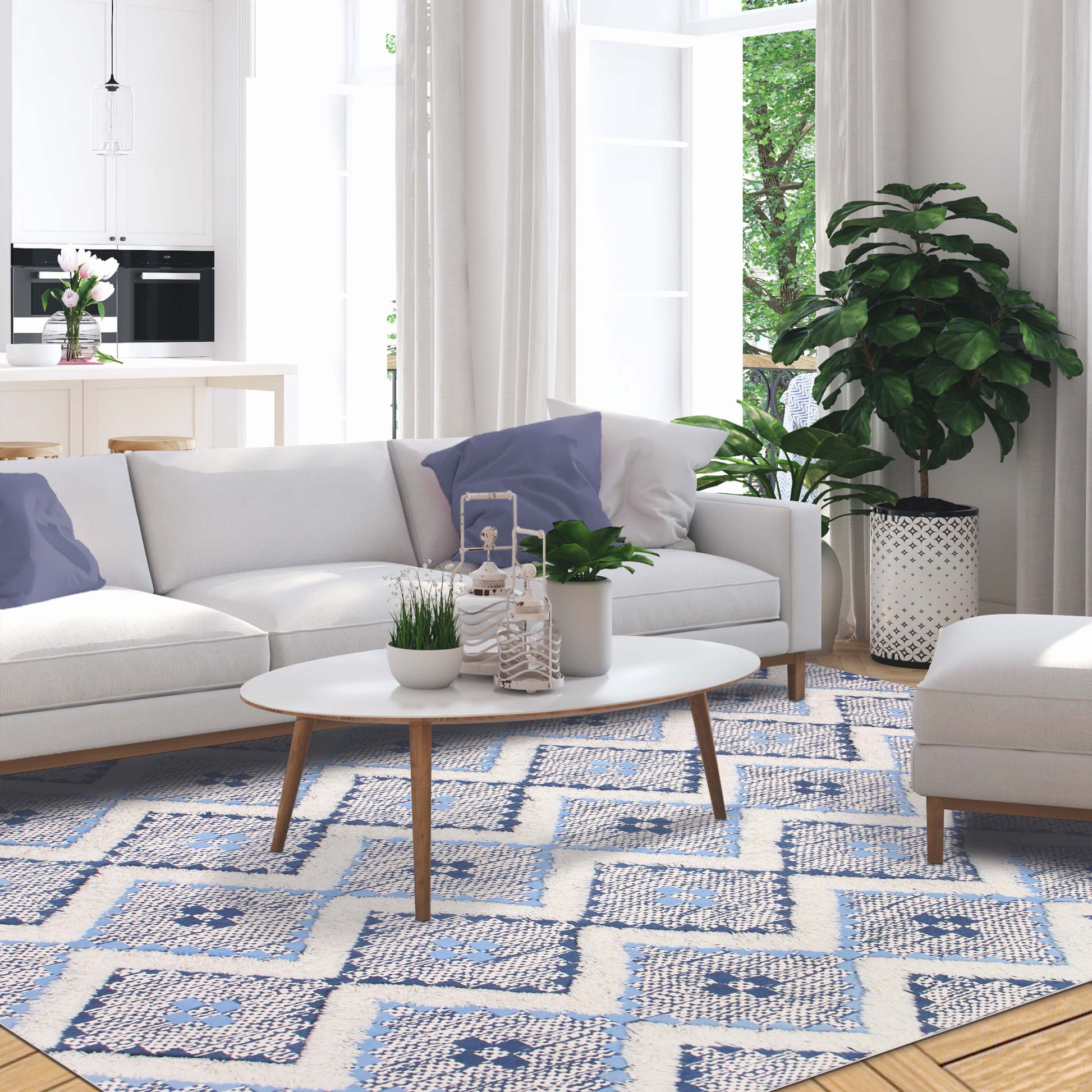 Geometric Wool Cotton Blend Latex Backing Indoor Area Rug - Stone/MidnightBlue