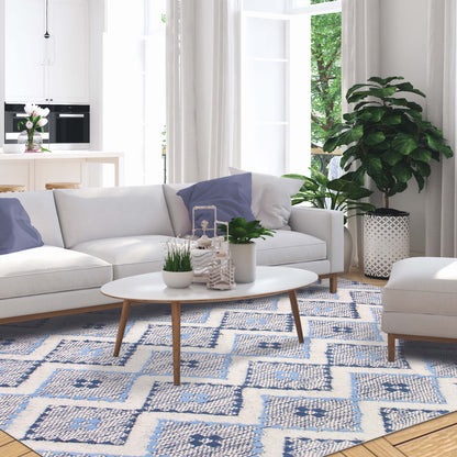 Geometric Wool Cotton Blend Latex Backing Indoor Area Rug - Stone/MidnightBlue