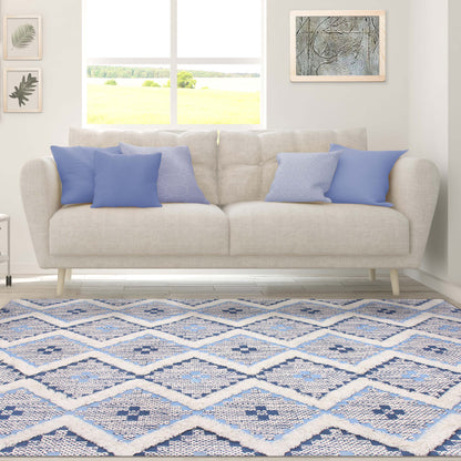 Geometric Wool Cotton Blend Latex Backing Indoor Area Rug - Stone/MidnightBlue