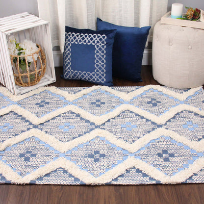 Geometric Wool Cotton Blend Latex Backing Indoor Area Rug - Stone/MidnightBlue