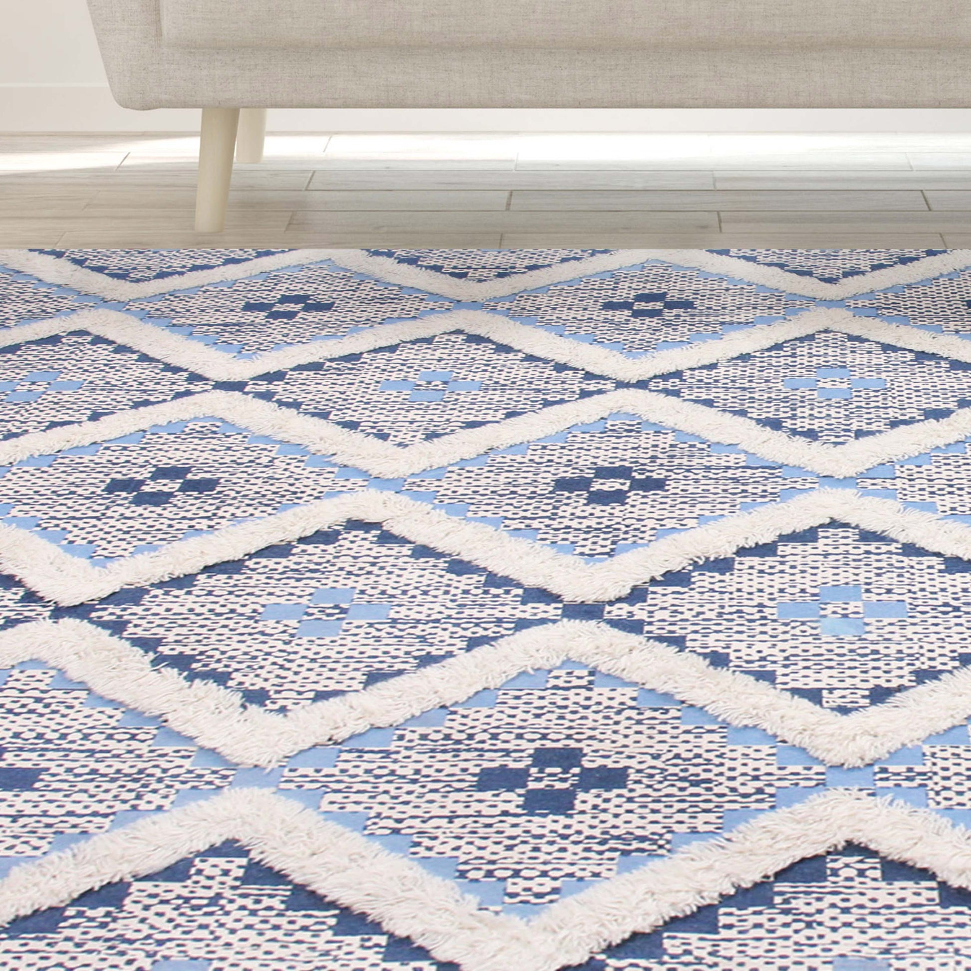 Geometric Wool Cotton Blend Latex Backing Indoor Area Rug - Stone/MidnightBlue