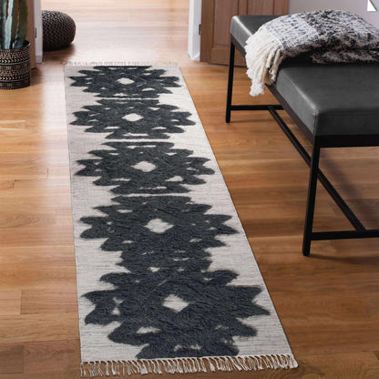  Superior Bohemian Wool Geometric Medallion Fringe Indoor Area or Runner Rug - Ivory-Charcoal